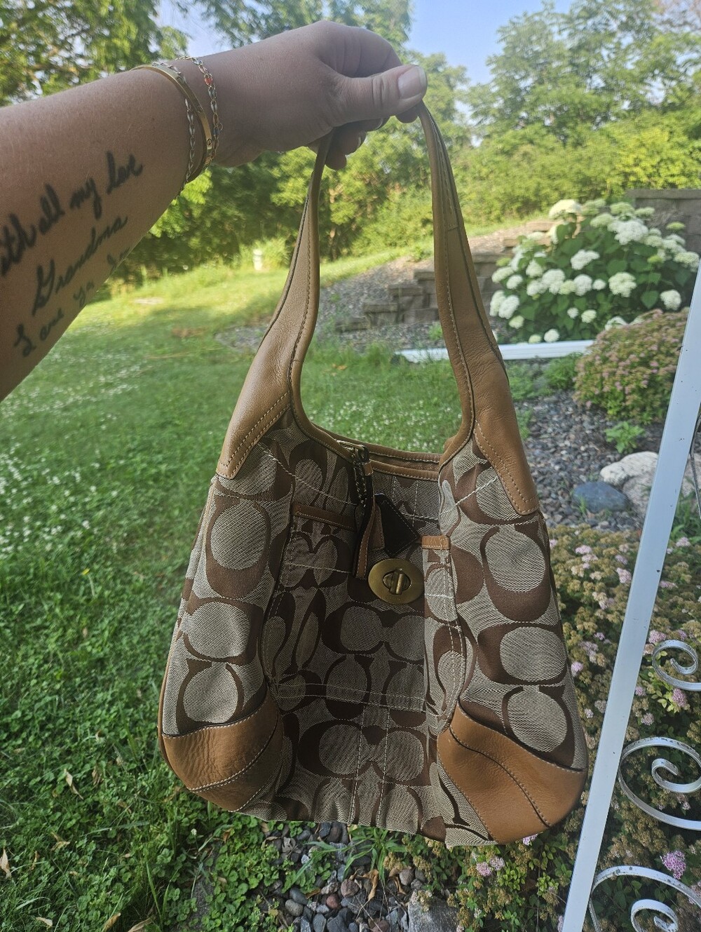 Coach Signature Khaki Brown Jacquard Canvas Shoulder Tote Bag F10765 Y2K - Picture 5 of 7